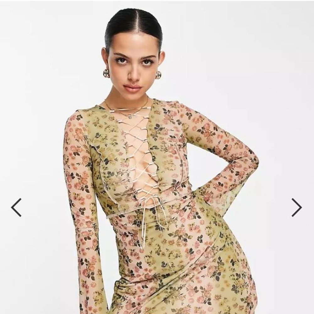 ASOS DESIGN lace up front mini dress in floral print NWT
